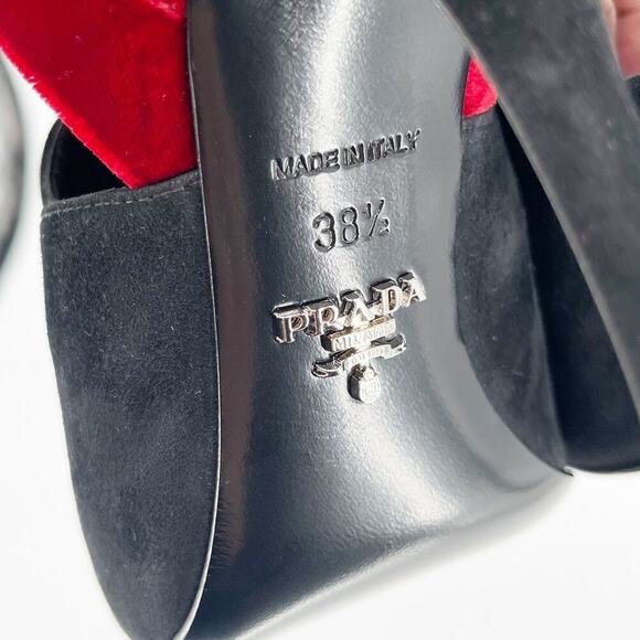 Prada Black Suede Red Velvet Ankle Strap Open Back Pointed Toe Pump IT 38.5 - Picture 12 of 12